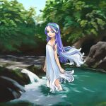  1girl archived_source arms_at_sides bad_link bare_arms bare_shoulders blue_dress blue_hair blue_sky blue_wings closed_mouth dress foliage green_hairband hairband hirai_yukio long_sidelocks looking_at_viewer medium_dress moss nature original outdoors parted_bangs partially_submerged pond ripples rock sidelocks sky smile solo standing strapless strapless_dress stream water water_dress water_drop water_wings wavy_ends wavy_sidelocks wings 