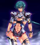  armor breasts clenched_hands cowboy_shot expressionless glowing green_hair hair_between_eyes highres large_breasts leotard looking_at_viewer military military_uniform muscle muscular_female naval_uniform navel purple_eyes short_hair shoulder_pads standing torn_clothes torn_leotard uniform 