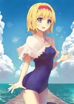  :d alice_margatroid blonde_hair blue_eyes blue_sky blush bow bowtie breasts capelet cloud cloudy_sky culter day ears eyelashes hairband highres lolita_hairband looking_at_viewer medium_breasts ocean one-piece_swimsuit open_mouth pier school_swimsuit shadow short_hair sky smile solo swimsuit touhou water white_capelet 