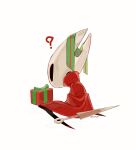  1girl ? artist_name black_eyes bow box cloak commentary from_behind gift gift_box green_bow green_ribbon highres hightguy hollow_knight hollow_knight:_silksong hornet_(hollow_knight) horns needle_(hollow_knight) red_cloak ribbon solo striped_ribbon thread vertical-striped_ribbon white_background 
