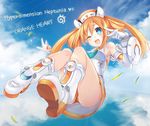  ;d asskiler blue_eyes boots character_name cloud copyright_name day full_body long_hair neptune_(series) one_eye_closed open_mouth orange_hair orange_heart panties pantyshot shin_jigen_game_neptune_vii sky smile solo symbol-shaped_pupils thighs twintails underwear 