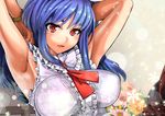  armpits arms_up blue_hair breasts hand_in_hair hat hat_removed headwear_removed large_breasts long_hair looking_at_viewer nagae_iku open_mouth red_eyes shirt sleeveless sleeveless_shirt solo touhou umigarasu_(kitsune1963) upper_body 