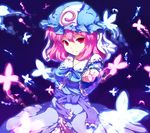  beckoning bug butterfly glowing hat highres insect japanese_clothes looking_at_viewer muneyuki nail_polish outstretched_arm pink_eyes pink_hair pink_nails saigyouji_yuyuko short_hair smile solo touhou 