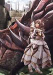  armor brown_hair castle dragon dress drill_hair earrings elbow_gloves gloves highres jewelry lao-shan_lung monster_hunter solo twintails v-mag 