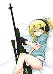 ai_arctic_warfare bad_id bad_pixiv_id between_legs blonde_hair bolt_action ear_protection gloves green_eyes gun iris_(material_sniper) lying material_sniper no_pants office_(soda_parfait) on_side one_eye_closed panties ponytail rifle scope sniper_rifle solo striped striped_panties underwear weapon 