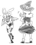  animal_ears blush bunny_ears bunny_girl bunnysuit embarrassed greyscale hat kirisame_marisa long_hair mitsumoto_jouji monochrome multiple_girls mystia_lorelei short_hair sketch thighhighs touhou wings witch_hat 