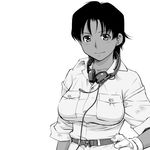  dark_skin gloves greyscale gundam headset marbet_fingerhat matsui_celine monochrome short_hair sleeves_rolled_up smile solo uniform victory_gundam 