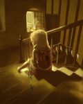  blonde_hair brick_wall flandre_scarlet from_behind light muted_color no_hat no_headwear sepia shadow short_hair sitting sitting_on_stairs solo stairs sunlight sunset touhou vase window wings wuliao555 