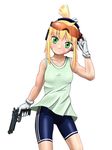  beretta_92 blonde_hair blush ear_protection gloves green_eyes gun handgun iris_(material_sniper) material_sniper nirei ponytail solo weapon 