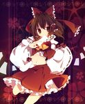  ana_(rznuscrf) bad_id bad_pixiv_id bow brown_eyes brown_hair detached_sleeves hair_bow hakurei_reimu japanese_clothes midriff navel ofuda slit_pupils smile solo touhou 