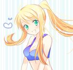  bad_id bad_pixiv_id bare_shoulders bikini_top blonde_hair fullmetal_alchemist green_eyes happy heart long_hair open_mouth ponytail riichu smile solo striped striped_background upper_body winry_rockbell 