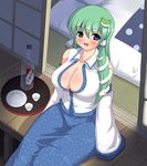  alcohol bad_id bad_pixiv_id bed blue_eyes blush breasts cleavage detached_sleeves green_hair hair_ornament huge_breasts kochiya_sanae kyokutou_hentai_samurai long_hair open_mouth pillow sake solo touhou 