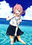  braid cloud day dutch_angle grey_eyes hand_on_own_face holding holding_shoes midriff ocean one_eye_closed original pink_hair pitoo school_uniform sea_spray see-through serafuku shoes skirt smile solo wading water 