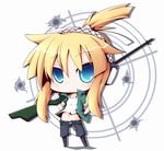  blonde_hair blue_eyes blush chibi ear_protection gun iris_(material_sniper) material_sniper midriff navel ponytail reku rifle sleeves_rolled_up sniper_rifle solo weapon 