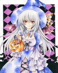  bat bat_wings checkered dress fragran0live hat long_hair pink_eyes pumpkin rozen_maiden silver_hair smile solo suigintou traditional_media wings witch_hat 