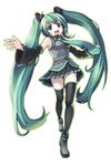  aqua_eyes aqua_hair bare_shoulders christinya detached_sleeves hands hatsune_miku headphones headset highres legs long_hair looking_at_viewer music necktie open_mouth outstretched_arms simple_background singing solo spread_arms thighhighs twintails very_long_hair vocaloid zettai_ryouiki 