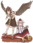  animal_ears black_hair black_wings detached_sleeves geta hat inubashiri_momiji kishiinu multiple_girls shameimaru_aya short_hair silver_hair sword tengu-geta tokin_hat touhou weapon wings wolf_ears 