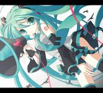  aqua_eyes aqua_hair breasts colorized eto eyebrows_visible_through_hair hatsune_miku koi_wa_sensou_(vocaloid) long_hair medium_breasts megaphone miesa necktie solo thighhighs twintails vocaloid 