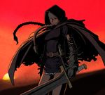  bad_id bad_pixiv_id braid cape hair_over_one_eye hood hoodie pixiv_fantasia short_shorts shorts solo sunset sword takauma weapon 