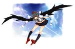  black_hair black_wings camera full_body geta hat kirisato_itsuki legs looking_at_viewer open_mouth red_eyes shameimaru_aya short_hair smile solo tengu-geta tokin_hat touhou wings 