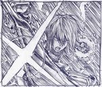  armor buront elf elvaan final_fantasy final_fantasy_xi glint graphite_(medium) greyscale male_focus monochrome paladin_(final_fantasy) pointy_ears sakino_shingetsu solo sword the_iron_of_yin_and_yang traditional_media weapon 