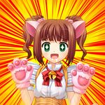  1girl animal_ears bad_id bad_pixiv_id brown_hair cat_ears cat_paws green_eyes idolmaster idolmaster_(classic) open_mouth paws saliva scrunchie short_hair solo takatsuki_yayoi totokichi twintails waitress 