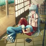  bad_id bad_pixiv_id barefoot blue_hair blush bow dress embarrassed feet fujiwara_no_mokou hair_bow hat hat_removed headwear_removed kamishirasawa_keine lap_pillow long_hair lying mafu multiple_girls on_side porch red_eyes shouji sitting sleeping sliding_doors tatami touhou veranda very_long_hair window_shade 