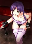  aouma bad_id bad_pixiv_id bare_shoulders blue_hair breasts brown_eyes cleavage cosplay crossed_legs face fingerless_gloves flat_chest ghost_in_the_shell gloves highres idolmaster idolmaster_(classic) kisaragi_chihaya kusanagi_motoko kusanagi_motoko_(cosplay) long_hair medium_breasts open_mouth sitting solo thighhighs 