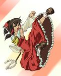  armpits bad_id bad_pixiv_id brown_hair detached_sleeves flat_chest gohei hakurei_reimu half_updo hokuto_no_ken kicking moss_(sphere211) nanto_gokuto_ken necktie oonusa parody solo touhou 