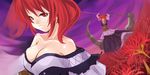  breasts cleavage hair_bobbles hair_ornament large_breasts onozuka_komachi red_eyes red_hair scythe short_hair solo touhou two_side_up yuuji_(yukimimi) 