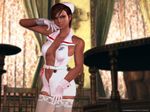  1girl 3d anesthesia brown_hair dark_skin fishnets gloves highres indoors looking_at_viewer no_bra nurse nurse_cap nurse_dress nurse_outfit rumble_roses rumble_roses_xx short_hair solo 