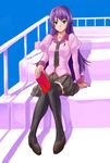  bakemonogatari book g-tetsu green_eyes legs long_hair monogatari_(series) necktie pen purple_hair school_uniform senjougahara_hitagi sitting sitting_on_stairs solo stairs thighhighs zettai_ryouiki 