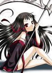  ar_tonelico ar_tonelico_ii bare_shoulders black_hair inumori_sayaka jakuri long_hair red_eyes scythe solo strap_slip 