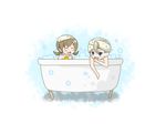  1girl bath bathtub blue_eyes brown_hair bubble bubble_bath chibi claw_foot_bathtub futeni kotone_(pokemon) minaki_(pokemon) nude pokemon pokemon_(game) pokemon_hgss rubber_duck towel towel_on_head tub 