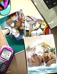  3boys 3girls bikini black_hair blonde_hair blue_eyes breasts brown_eyes brown_hair carrying cellphone cleavage computer desk drill_hair edmond_honda foreshortening hachimaki headband heart highres kanzuki_karin kasugano_sakura keyboard_(computer) laptop large_breasts light mohawk morphews multiple_boys multiple_girls muscle outstretched_arm outstretched_arms phone photo_(object) rainbow_mika reaching ryuu_(street_fighter) scar school_uniform serafuku shoulder_carry signature skirt splashing street_fighter swimsuit zangief 