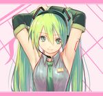  armpits arms_behind_head arms_up face green_eyes green_hair hatsune_miku kakaon long_hair necktie sketch smile solo twintails vocaloid 