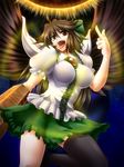  bad_id bad_pixiv_id black_wings breasts brown_hair large_breasts long_hair middle_finger ootsuki_wataru open_mouth reiuji_utsuho single_thighhigh solo thighhighs tongue touhou wings 