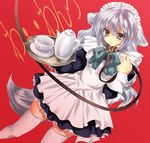  animal_ears blue_hair collar dog_ears dog_tail green_eyes izayoi_sakuya kemonomimi_mode leash maid sanshoku_amido solo tail thighhighs touhou tray 