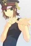  amami_haruka bad_id bad_pixiv_id brown_hair finger_to_mouth foreshortening green_eyes hands hat idolmaster idolmaster_(classic) one-piece_swimsuit qaz solo swimsuit 