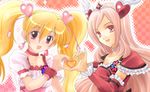  blonde_hair choker cure_passion cure_peach fresh_precure! hair_ornament heart heart_hair_ornament heart_hands heart_hands_duo higashi_setsuna magical_girl min-mu momozono_love multiple_girls pink_choker pink_hair precure purple_eyes twintails white_choker 