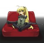  ahoge bad_id bad_pixiv_id battle_rifle blonde_hair feet fn_fal grey_eyes gun l1a1 long_hair long_sleeves office_(soda_parfait) original ponytail rifle solo very_long_hair weapon 