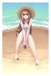  beach bikini brown_hair copyright_request day earphones fasces hat highres long_hair sitting solo straw_hat sun_hat swimsuit 
