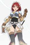  armor bad_id bad_pixiv_id blush cecily_cambell elbow_gloves gloves red_eyes red_hair sakebuotoko seiken_no_blacksmith solo sword thighhighs weapon 