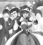  1girl absurdres breasts cleavage facial_hair formal forte_stollen galaxy_angel greyscale hat highres large_breasts military military_uniform monochrome monocle mustache peaked_cap short_hair uniform 