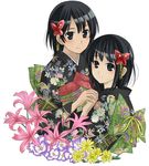  amakura_mayu amakura_mio artist_request black_hair fatal_frame fatal_frame_2 flower holding_hands japanese_clothes kimono lily_(flower) multiple_girls siblings sisters twins 