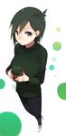  bad_id bad_pixiv_id barefoot breasts cactus foreshortening green_eyes green_hair hands large_breasts original polka_dot sasamori_tomoe short_hair solo sweater 