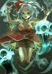  bad_id bad_pixiv_id bare_shoulders bow breasts cleavage green_eyes highres katsuma_(perestronica) large_breasts lips rocbouquet_(saga) romancing_saga romancing_saga_2 saga shorts skull solo white_hair 