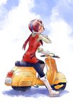  bad_id bad_pixiv_id blue_eyes brown_hair cosplay flcl glasses gloves ground_vehicle hairband haruhara_haruko haruhara_haruko_(cosplay) highres long_hair looking_back makinami_mari_illustrious monolith_(suibou_souko) motor_vehicle neon_genesis_evangelion rebuild_of_evangelion scooter solo vespa 