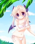  bikini blonde_hair blue_eyes breasts day demon_girl horns katakuriri long_hair medium_breasts monster_girl original smile solo succubus swimsuit tail wings 