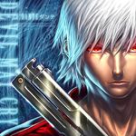  blue_background character_name chrisnfy85 copyright_name dante_(devil_may_cry) devil_may_cry ebony_&amp;_ivory gun male_focus red_eyes silver_hair solo weapon 